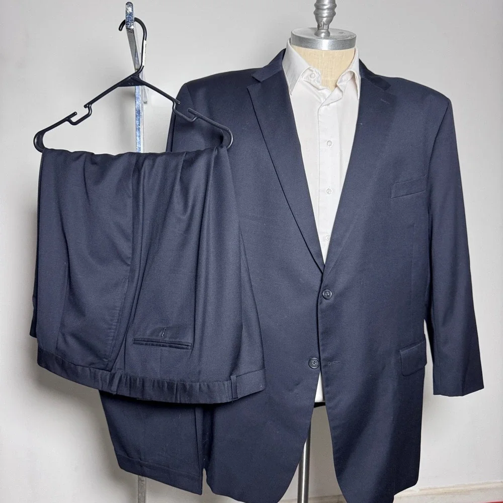 Tommy Hilfiger Suit Mens 60L 50x28 Navy Blue Solid Notch Lapel 2-Button Wool